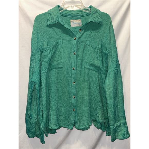 We The Free Medium Cardiff Cotton Gauze Shirt Green Oversized Lagenlook Raw Hem - Picture 1 of 12
